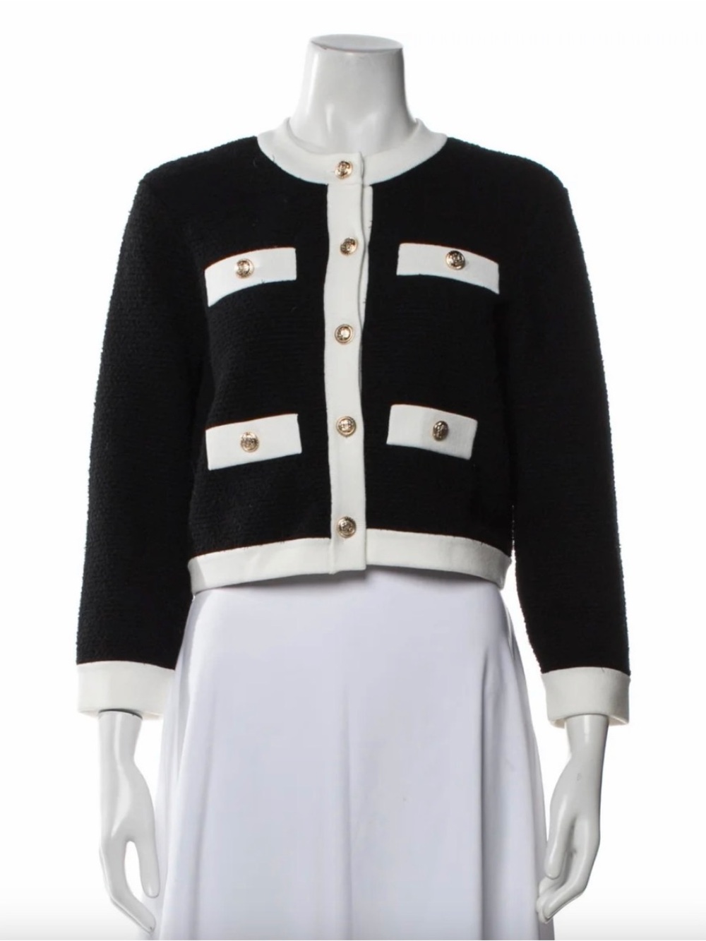 Alice + Olivia Black & White Bouclé Cropped Cardigan Jacket